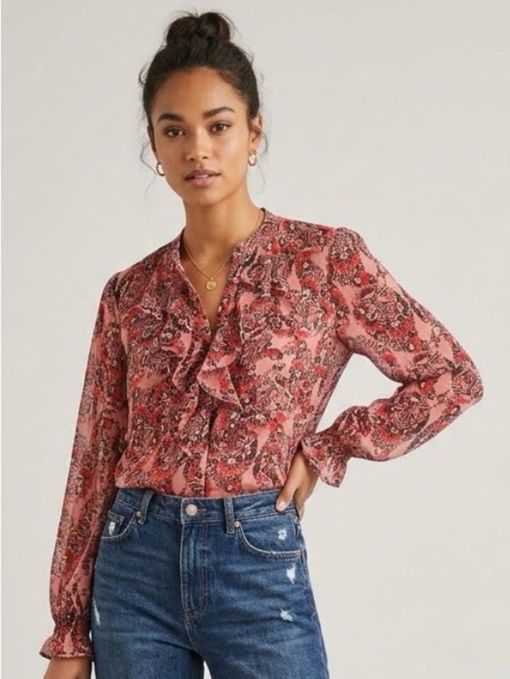 Boden Floral Sheer Ruffle Front Long-Sleeve Blouse in Rose Red Size 4